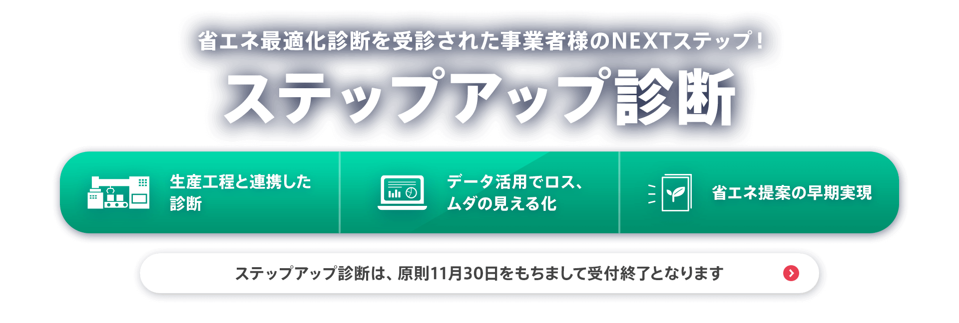 省エネ最適化診断を受診された事業者様のNEXTステップ！【ステップアップ診断】ステップアップ診断は、原則11月30日をもちまして受付終了となります